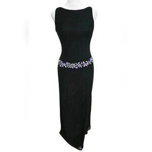 Vintage RIMINI High Neck Black Maxi Dress w/Purple Floral Sequin Details. 2P